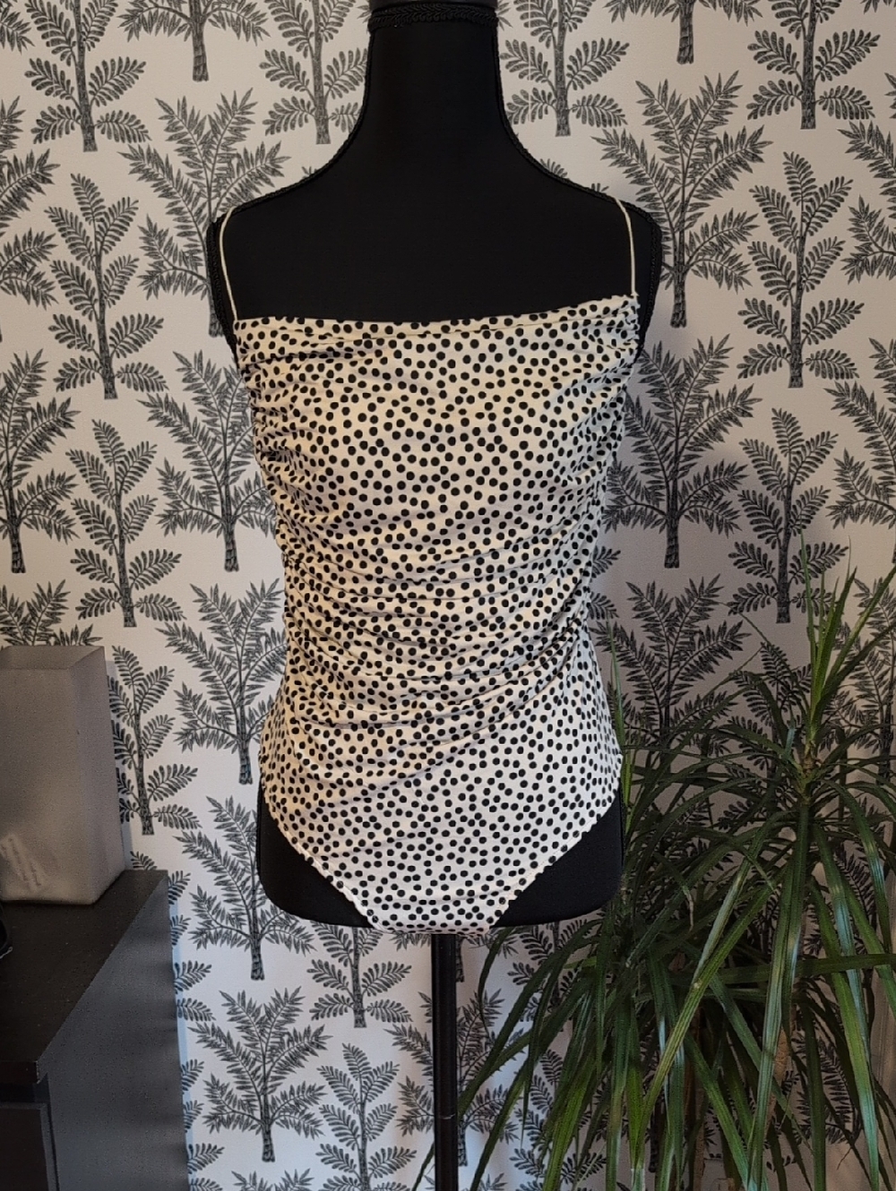 H&M Black and Cream Polka Dot Tank Bodysuit